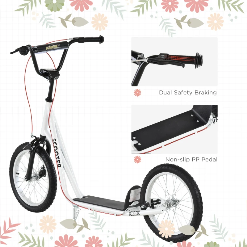 Aosom Youth Scooter Kick Scooter for Kids 5+ with Adjustable Handlebar Front and Rear Dual Brakes Inflatable Wheels, White
