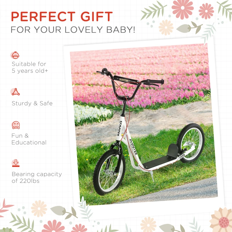 Aosom Youth Scooter Kick Scooter for Kids 5+ with Adjustable Handlebar Front and Rear Dual Brakes Inflatable Wheels, White