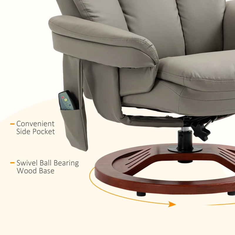 HOMCOM Recliner Chair with Ottoman, Electric Faux Leather Recliner with 10 Vibration Points and 5 Massage Mode, Swivel Reclining Chair with Wood Base, Remote Control and Side Pocket, Grey