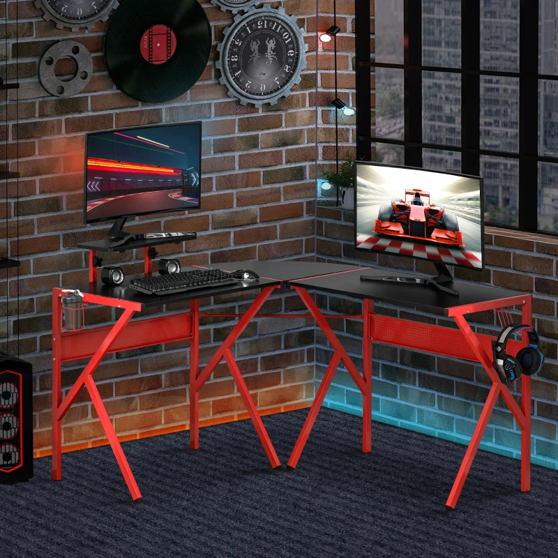 HOMCOM L-Shaped Gaming Desk, Corner Computer Desk, Gaming Table with Carbon Fiber Desktop, Adjustable Monitor Stand, Cup Holder, Headphone Hook and K Frame, Red/Black