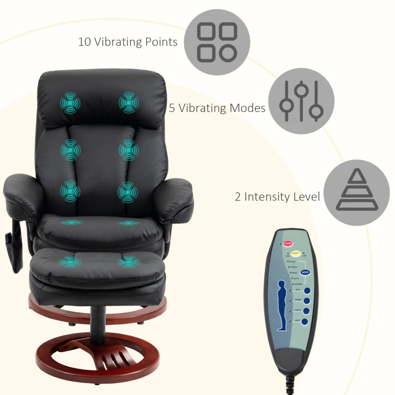 HOMCOM Recliner Chair with Ottoman, Electric Faux Leather Recliner with 10 Vibration Points and 5 Massage Mode, Swivel Reclining Chair with Wood Base, Remote Control and Side Pocket, Black