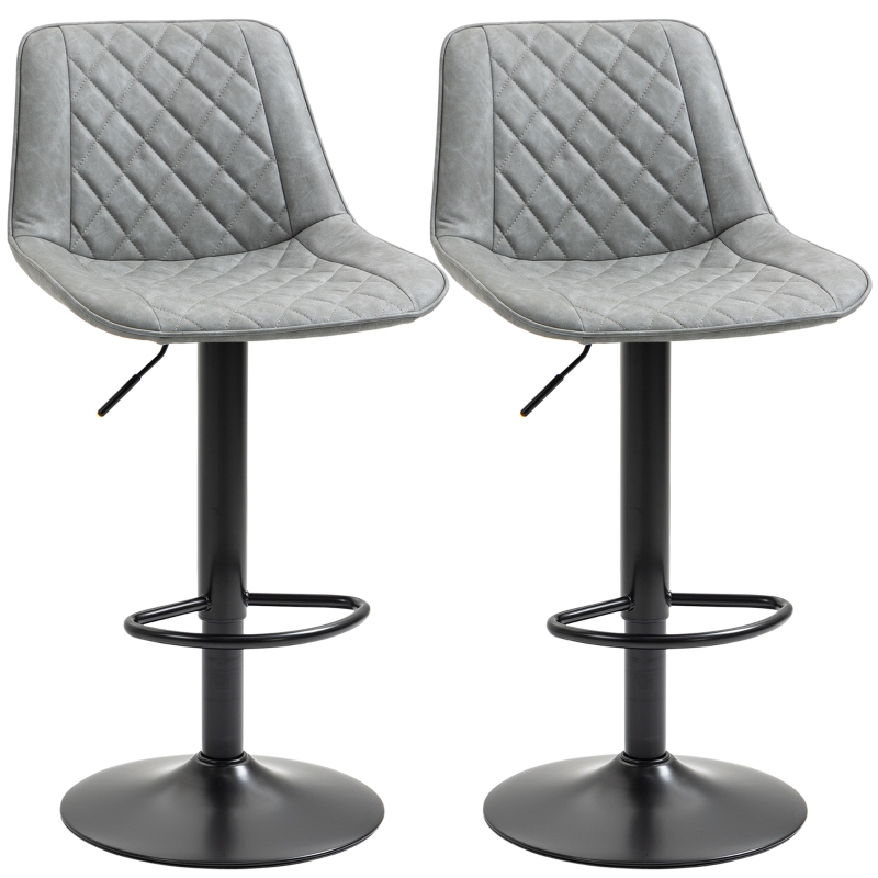 HOMCOM Adjustable Bar Stools, Set of 2, Counter Height Barstools with Swivel Seat Round Steel Base, and Footrest, Grey