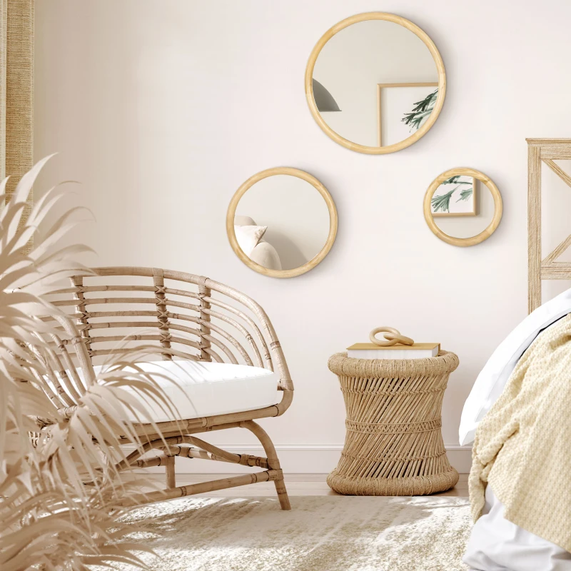 HOMCOM Set of 3 Wood Wall Mirror, Home Modern Round Mirror for Wall in Living Room, Bedroom, Natural