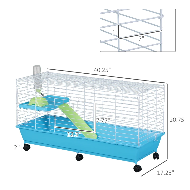 PawHut 40” Steel Plastic Small Animal Pet Cage Kit with Wheels - Blue and White