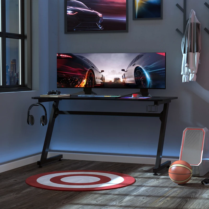 HOMCOM 47.25" Gaming Desk Computer Home Office Gamer Table Workstation Metal Frame with Cup Holder, Headphone Hook, Cable Management, Black