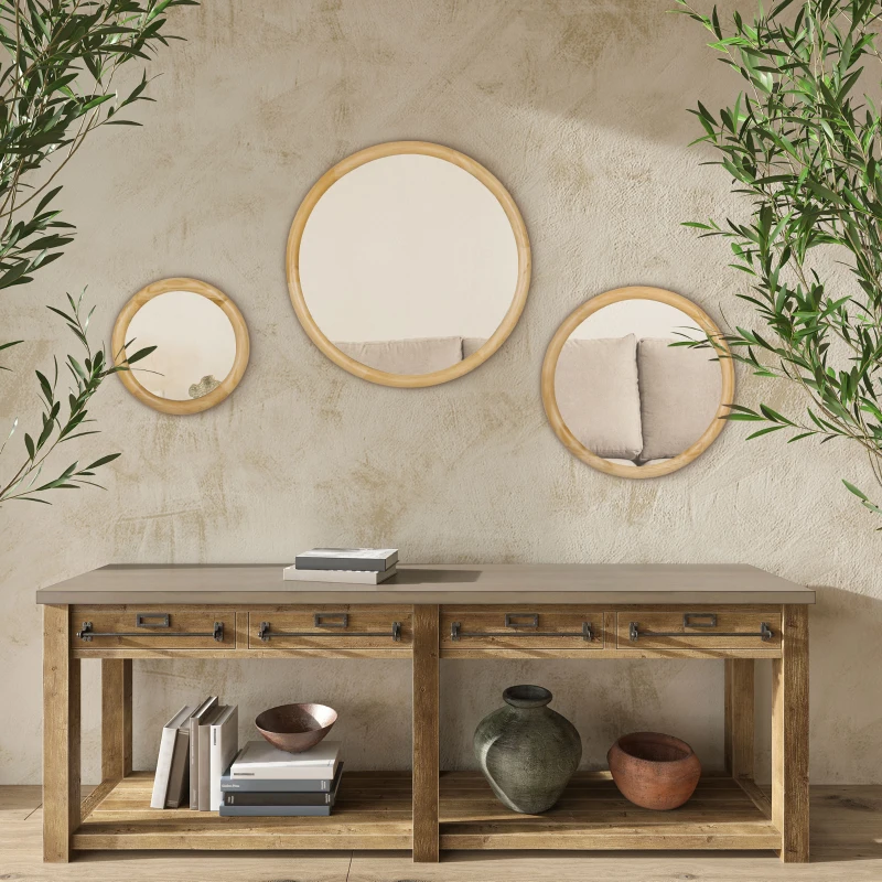 HOMCOM Set of 3 Wood Wall Mirror, Home Modern Round Mirror for Wall in Living Room, Bedroom, Natural