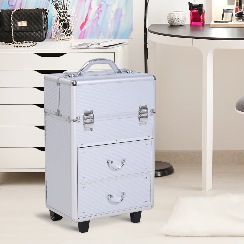 HOMCOM Professional Rolling Full Makeup Travel Train Case, Large Storage Cosmetic Trolley with Folding Trays, Drawer and Locks, Silver