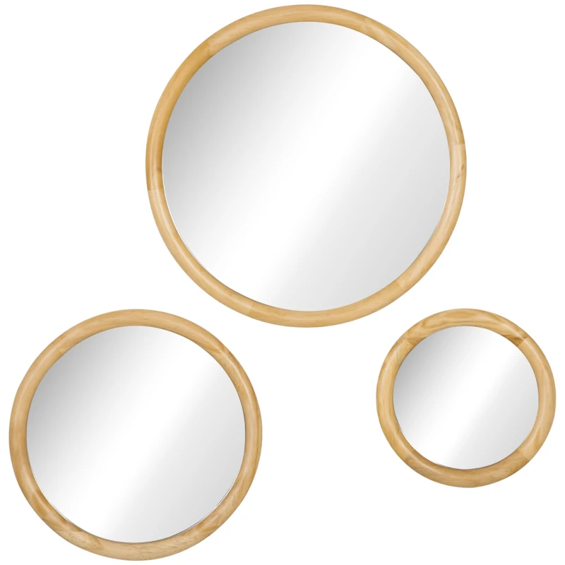 HOMCOM Set of 3 Wood Wall Mirror, Home Modern Round Mirror for Wall in Living Room, Bedroom, Natural