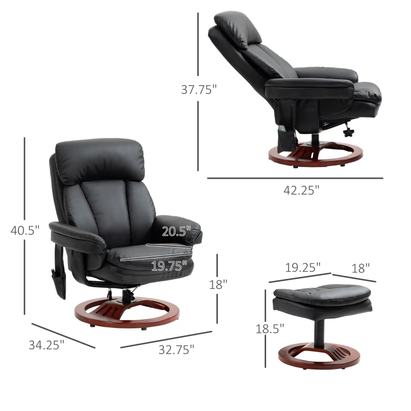 HOMCOM Recliner Chair with Ottoman, Electric Faux Leather Recliner with 10 Vibration Points and 5 Massage Mode, Swivel Reclining Chair with Wood Base, Remote Control and Side Pocket, Black