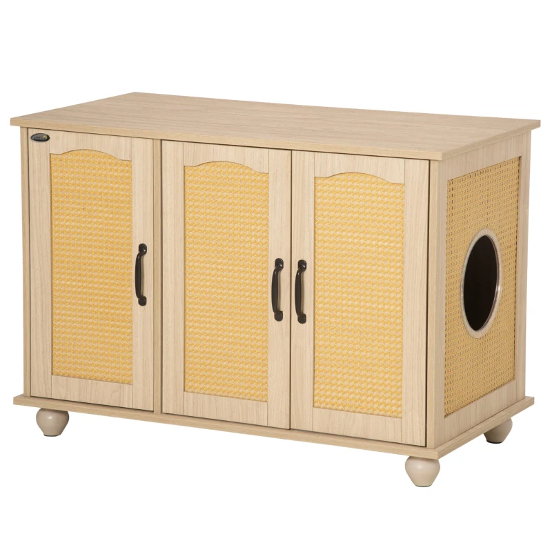 PawHut Cat Litter Box Enclosure Side Table, Cat Washroom Storage with Soft Cushion, PE Rattan, Adjustable Partition, Oak