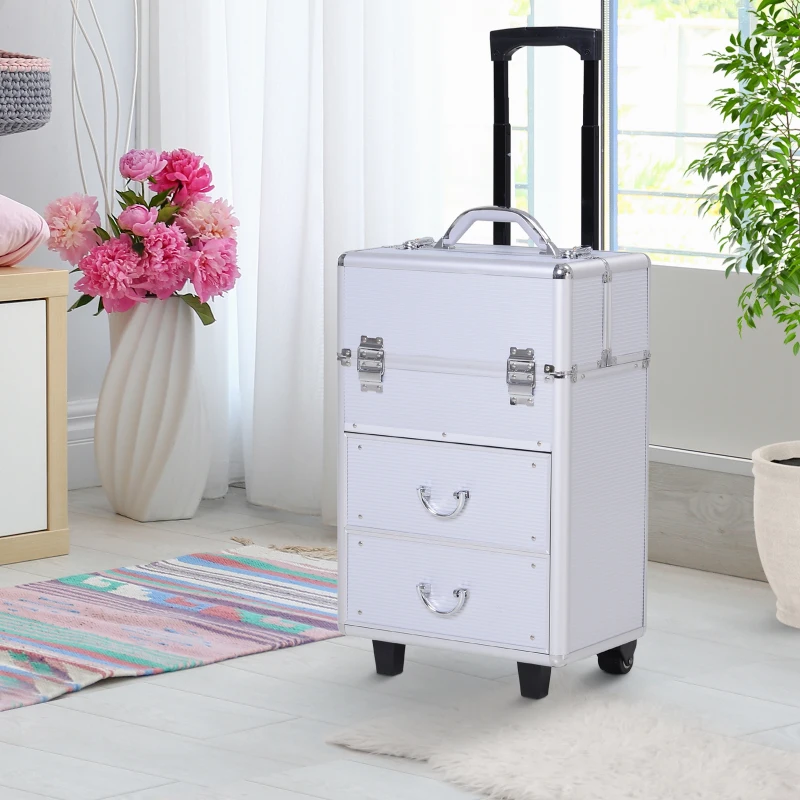 HOMCOM Professional Rolling Full Makeup Travel Train Case, Large Storage Cosmetic Trolley with Folding Trays, Drawer and Locks, Silver