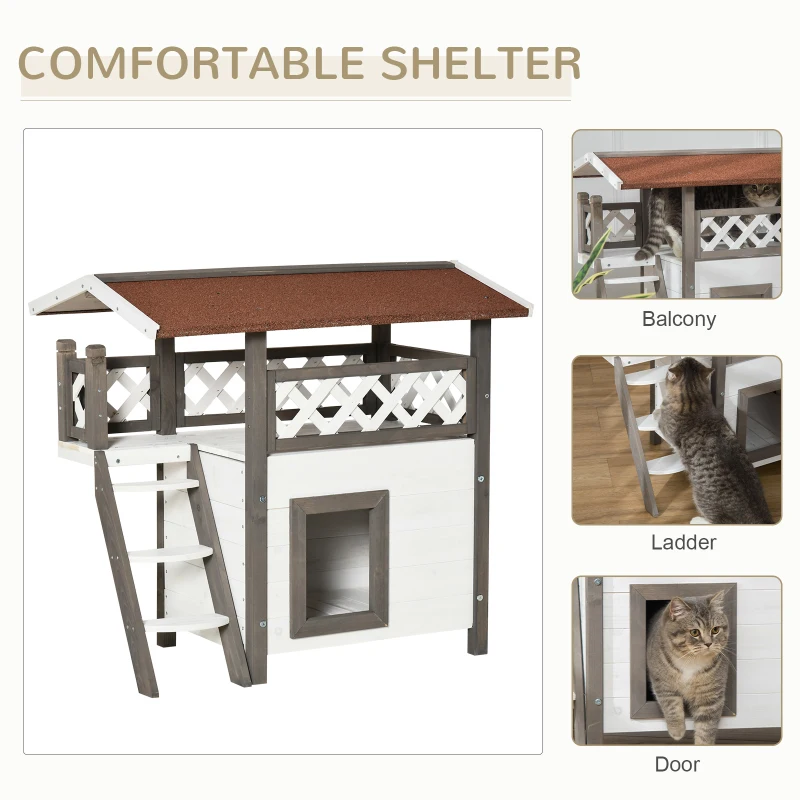 PawHut Wooden Cat House, 2-Floor Feral Cat Shelter, Kitten Condo Outdoor, Small Dog House with Balcony, Stairs, Asphalt Roof, White and Gray
