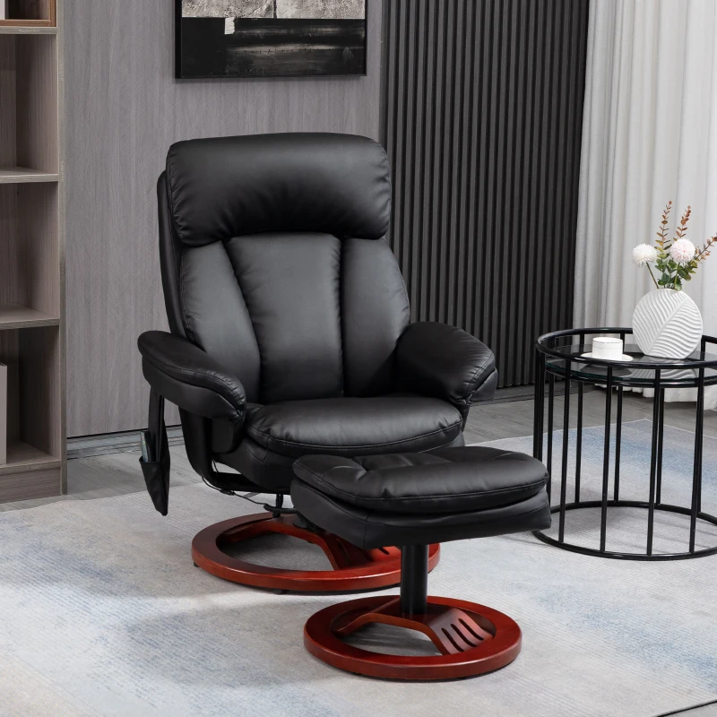 HOMCOM Recliner Chair with Ottoman, Electric Faux Leather Recliner with 10 Vibration Points and 5 Massage Mode, Swivel Reclining Chair with Wood Base, Remote Control and Side Pocket, Black