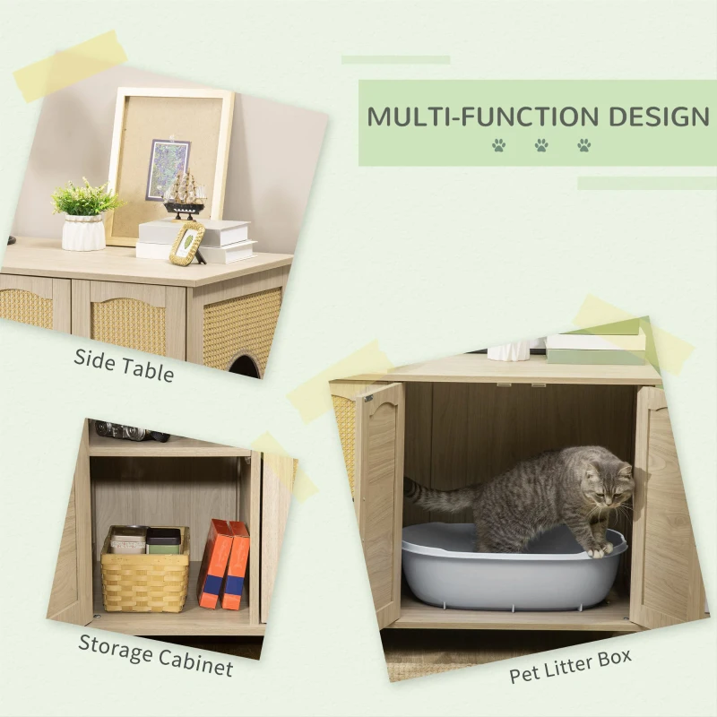 PawHut Cat Litter Box Enclosure Side Table, Cat Washroom Storage with Soft Cushion, PE Rattan, Adjustable Partition, Oak