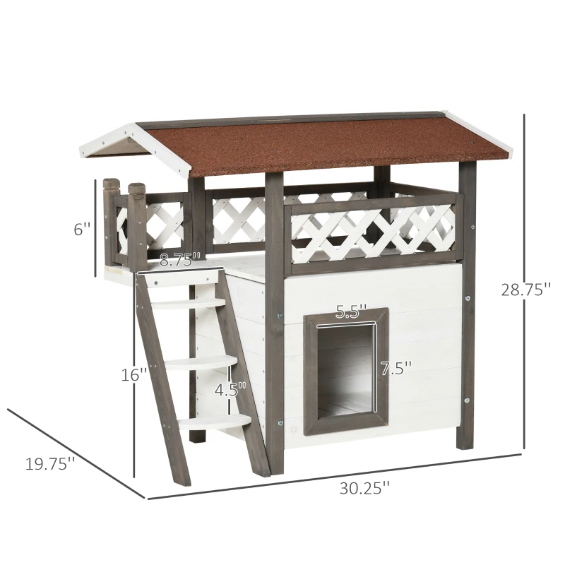 PawHut Wooden Cat House, 2-Floor Feral Cat Shelter, Kitten Condo Outdoor, Small Dog House with Balcony, Stairs, Asphalt Roof, White and Gray