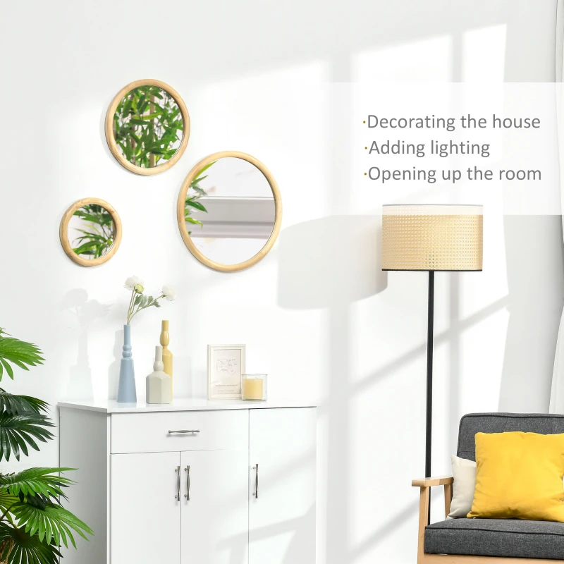 HOMCOM Set of 3 Wood Wall Mirror, Home Modern Round Mirror for Wall in Living Room, Bedroom, Natural
