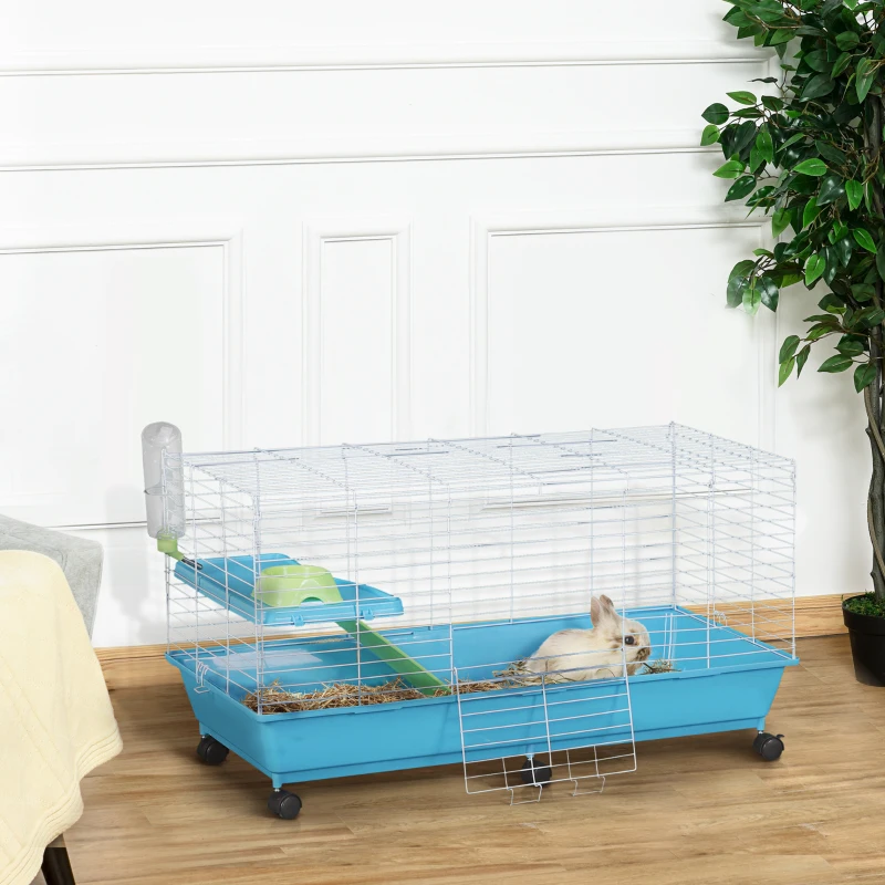 PawHut 40” Steel Plastic Small Animal Pet Cage Kit with Wheels - Blue and White