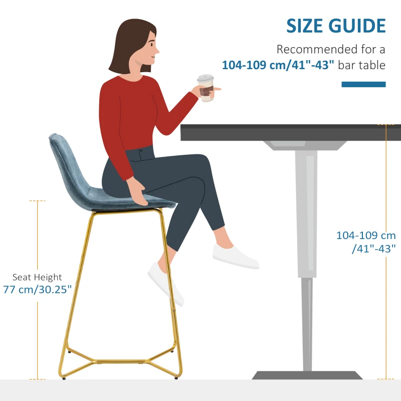 HOMCOM Bar Height Bar Stools, Velvet-Touch Fabric Bar Chairs, 30.25" Seat Height Stools with Gold-Tone Metal Legs for Dining Area, Home Bar, Set of 2, Blue