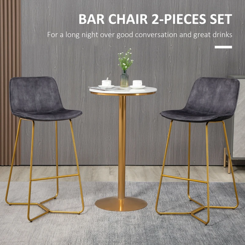 HOMCOM Bar Height Bar Stools, Velvet-Touch Fabric Bar Chairs, 30.25" Seat Height Stools with Gold-Tone Metal Legs for Dining Area, Home Bar, Set of 2, Gray