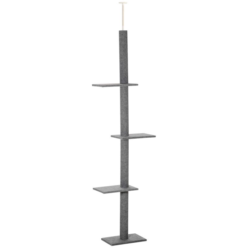 PawHut Floor-to-Ceiling Cat Tree Cat Climbing Tower with Sisal-Covered Scratching Posts Natural Cat Tree Activity Center, Grey