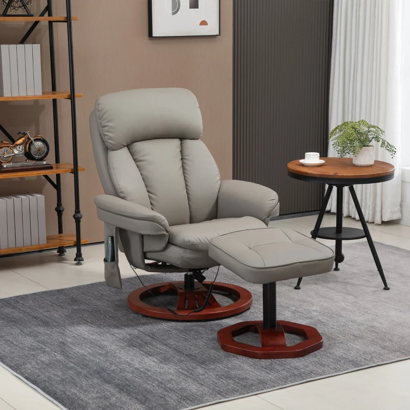 HOMCOM Recliner Chair with Ottoman, Electric Faux Leather Recliner with 10 Vibration Points and 5 Massage Mode, Swivel Reclining Chair with Wood Base, Remote Control and Side Pocket, Grey