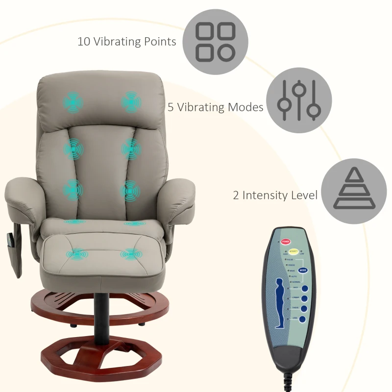 HOMCOM Recliner Chair with Ottoman, Electric Faux Leather Recliner with 10 Vibration Points and 5 Massage Mode, Swivel Reclining Chair with Wood Base, Remote Control and Side Pocket, Grey