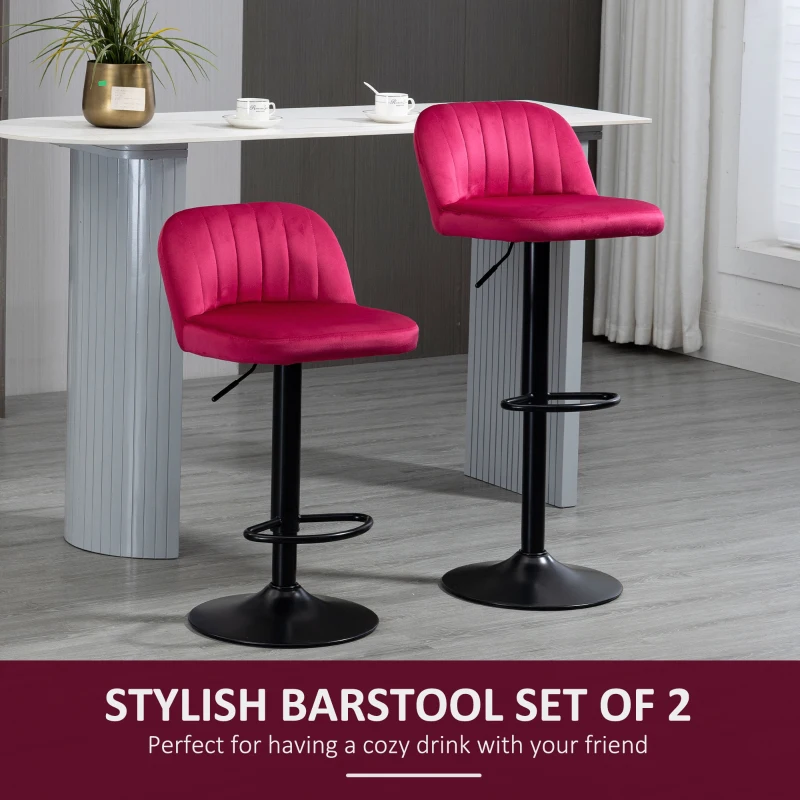 HOMCOM Adjustable Bar Stools Set of 2, Velvet Counter Height Barstool, Upholstered Kitchen Stool with Swivel Seat, Steel Frame, Footrest for Kitchen Counter and Dining Room, ‎Red