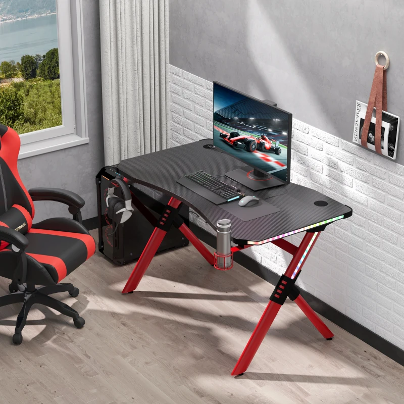HOMCOM 43in Gaming Desk with RGB LED Lights Racing Style Gaming Table with Cup Holder & Cable Management, Red