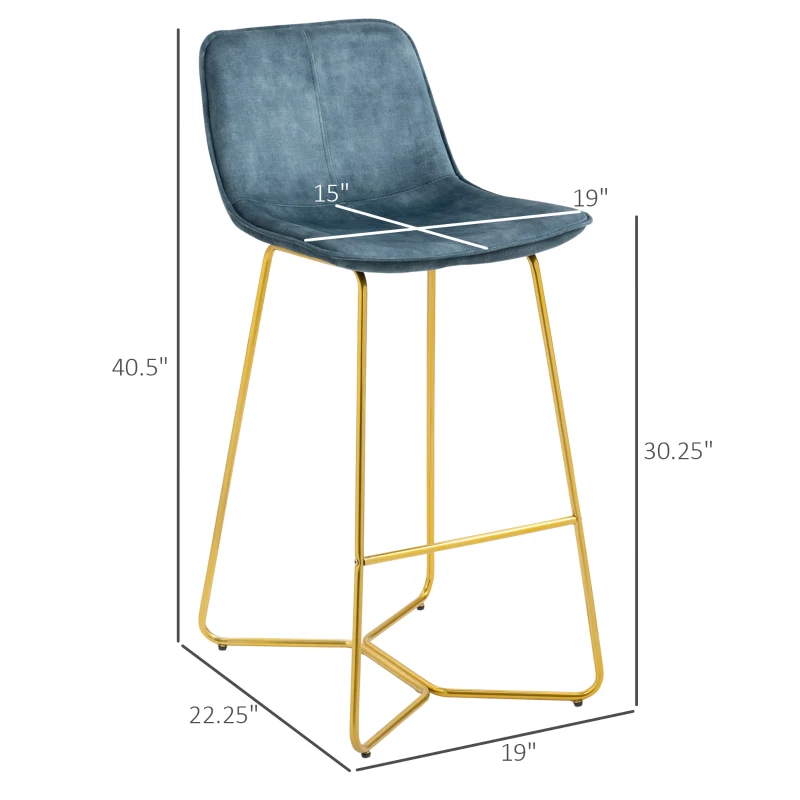 HOMCOM Bar Height Bar Stools, Velvet-Touch Fabric Bar Chairs, 30.25" Seat Height Stools with Gold-Tone Metal Legs for Dining Area, Home Bar, Set of 2, Blue