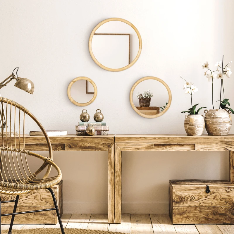 HOMCOM Set of 3 Wood Wall Mirror, Home Modern Round Mirror for Wall in Living Room, Bedroom, Natural
