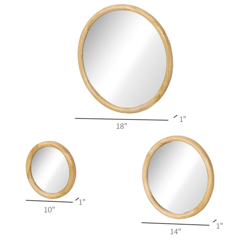 HOMCOM Set of 3 Wood Wall Mirror, Home Modern Round Mirror for Wall in Living Room, Bedroom, Natural