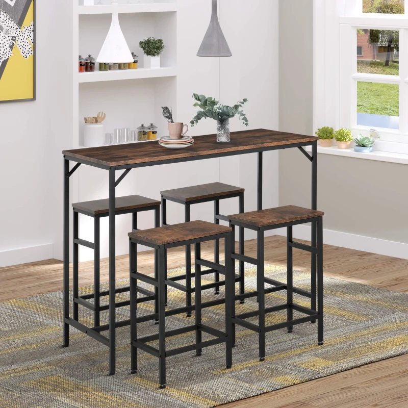HOMCOM 5-Piece Industrial Dining Table Set, Bar Table & 4 Stools Set, Space Saving for Pub & Kitchen, Rustic Brown/Black