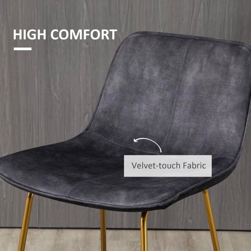 HOMCOM Bar Height Bar Stools, Velvet-Touch Fabric Bar Chairs, 30.25" Seat Height Stools with Gold-Tone Metal Legs for Dining Area, Home Bar, Set of 2, Gray