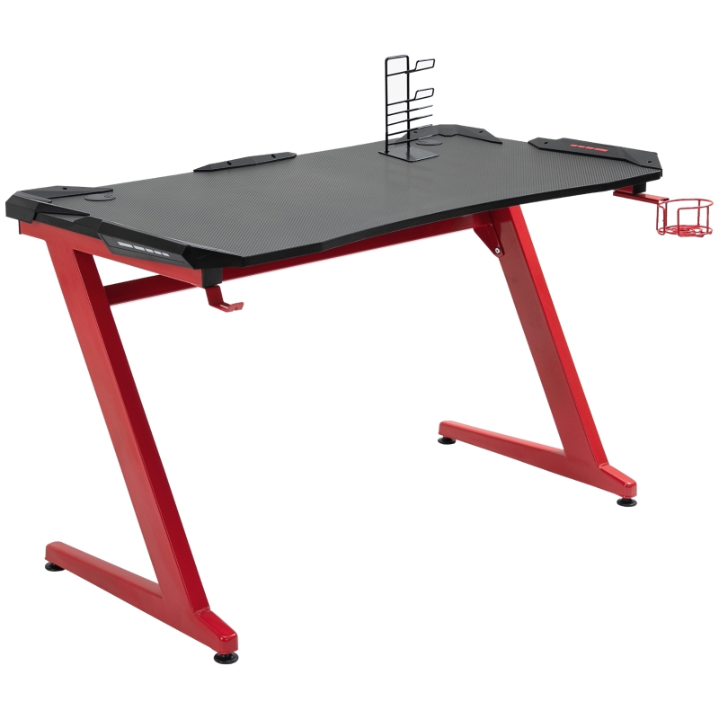 HOMCOM 48 Inch Gaming Desk with Large Tabletop, Racing Computer Desk with Cup Holder and Headphone Hook, Black/Red