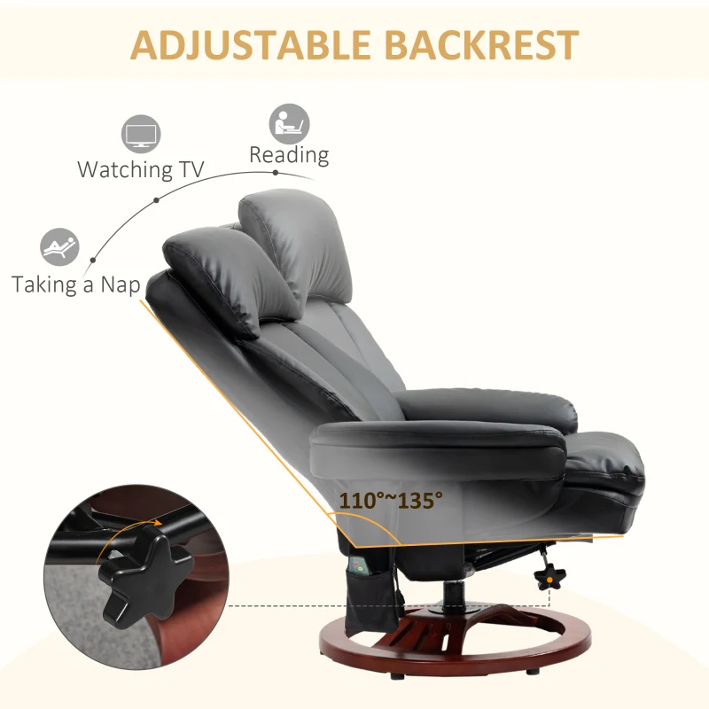 HOMCOM Recliner Chair with Ottoman, Electric Faux Leather Recliner with 10 Vibration Points and 5 Massage Mode, Swivel Reclining Chair with Wood Base, Remote Control and Side Pocket, Black