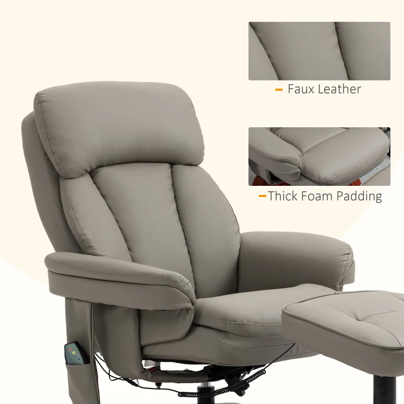 HOMCOM Recliner Chair with Ottoman, Electric Faux Leather Recliner with 10 Vibration Points and 5 Massage Mode, Swivel Reclining Chair with Wood Base, Remote Control and Side Pocket, Grey