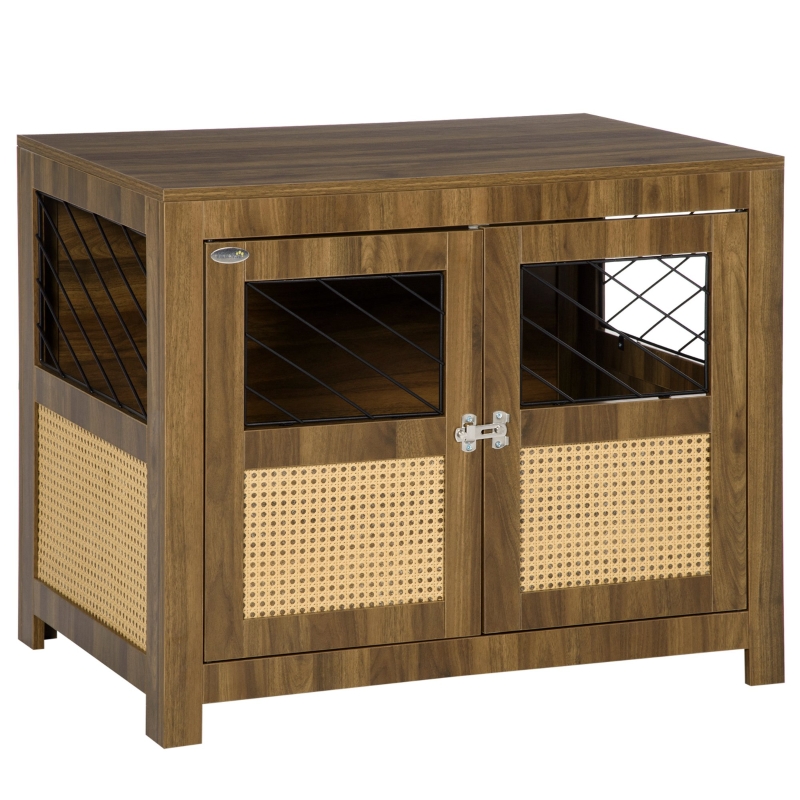 PawHut Dog Crate Furniture with Cushion, Dog Kennel End Table with Double Doors, Latch, Indoor Use, for Small and Medium-Sized Dogs, Walnut