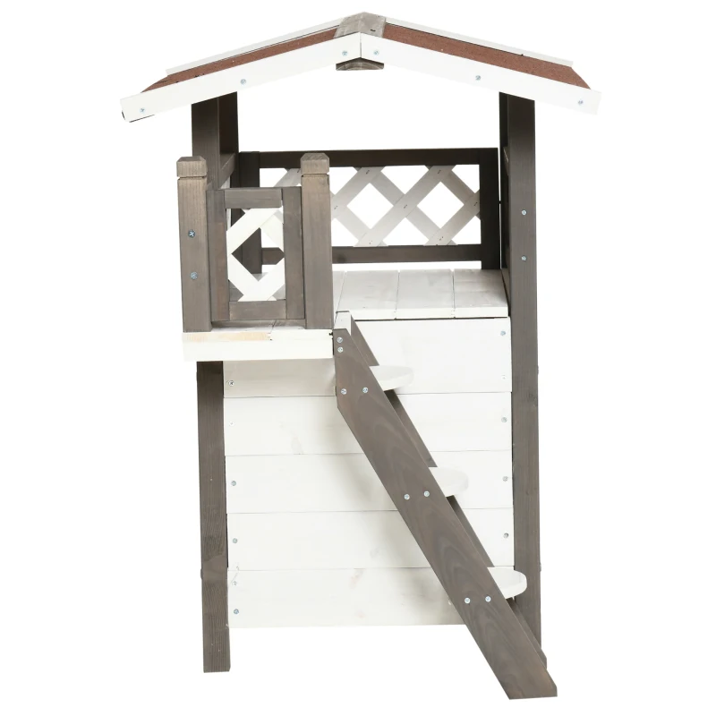 PawHut Wooden Cat House, 2-Floor Feral Cat Shelter, Kitten Condo Outdoor, Small Dog House with Balcony, Stairs, Asphalt Roof, White and Gray