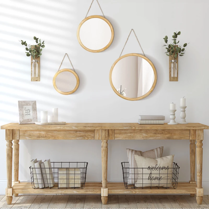 HOMCOM Set of 3 Wood Wall Mirror, Home Modern Round Mirror Hanging for Living Room, Bedroom, Natural