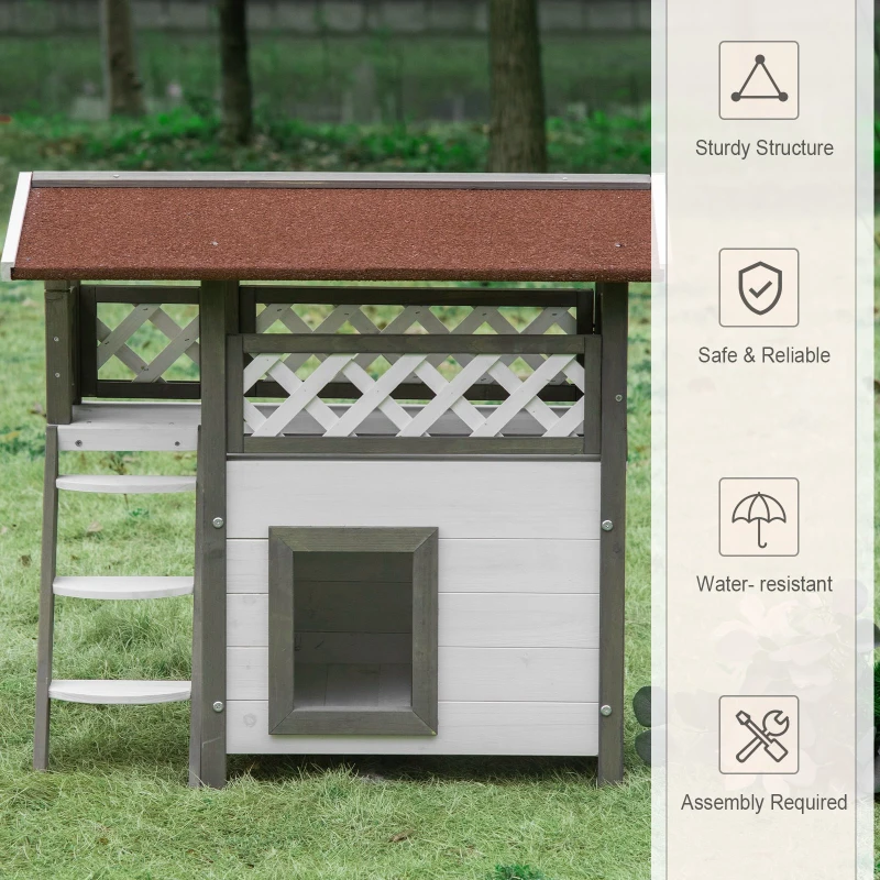 PawHut Wooden Cat House, 2-Floor Feral Cat Shelter, Kitten Condo Outdoor, Small Dog House with Balcony, Stairs, Asphalt Roof, White and Gray