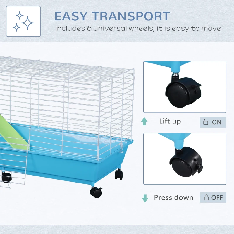 PawHut 40” Steel Plastic Small Animal Pet Cage Kit with Wheels - Blue and White