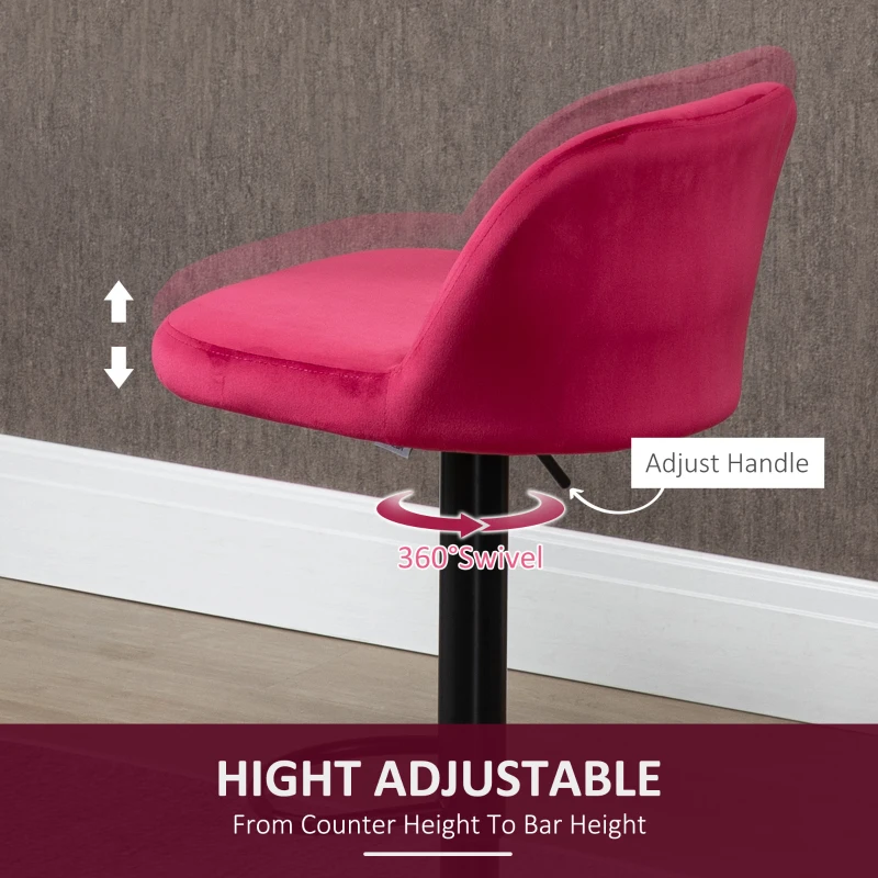 HOMCOM Adjustable Bar Stools Set of 2, Velvet Counter Height Barstool, Upholstered Kitchen Stool with Swivel Seat, Steel Frame, Footrest for Kitchen Counter and Dining Room, ‎Red