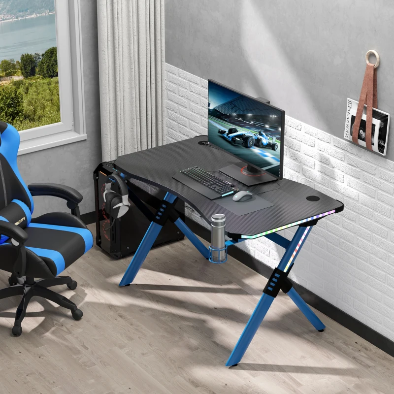 HOMCOM 43in Gaming Desk with RGB LED Lights Racing Style Gaming Table with Cup Holder & Cable Management, Blue