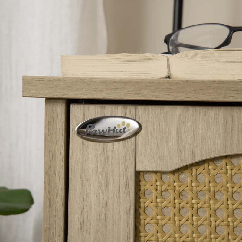 PawHut Cat Litter Box Enclosure Side Table, Cat Washroom Storage with Soft Cushion, PE Rattan, Adjustable Partition, Oak