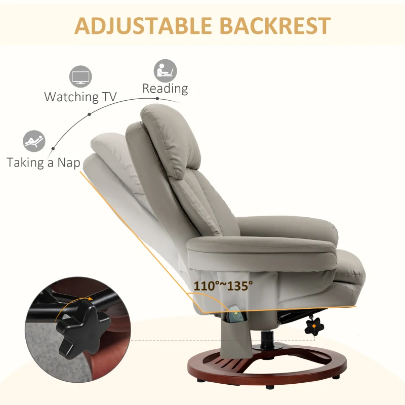 HOMCOM Recliner Chair with Ottoman, Electric Faux Leather Recliner with 10 Vibration Points and 5 Massage Mode, Swivel Reclining Chair with Wood Base, Remote Control and Side Pocket, Grey