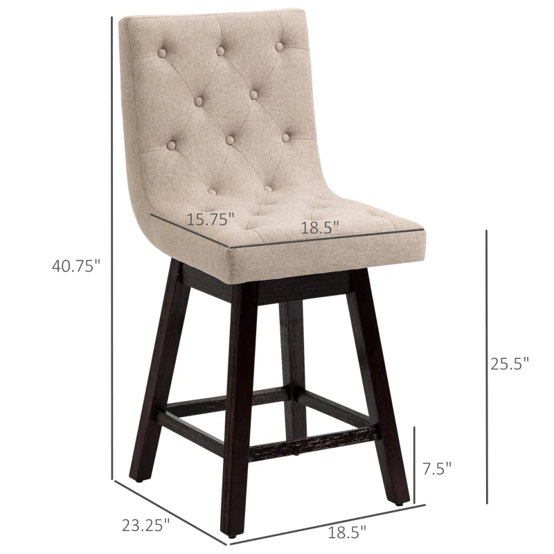 HOMCOM Counter Height Bar Stools, Swivel Bar Chairs, 25.5" High Fabric Tufted Breakfast Barstools for Kitchen, Set of 2, Beige