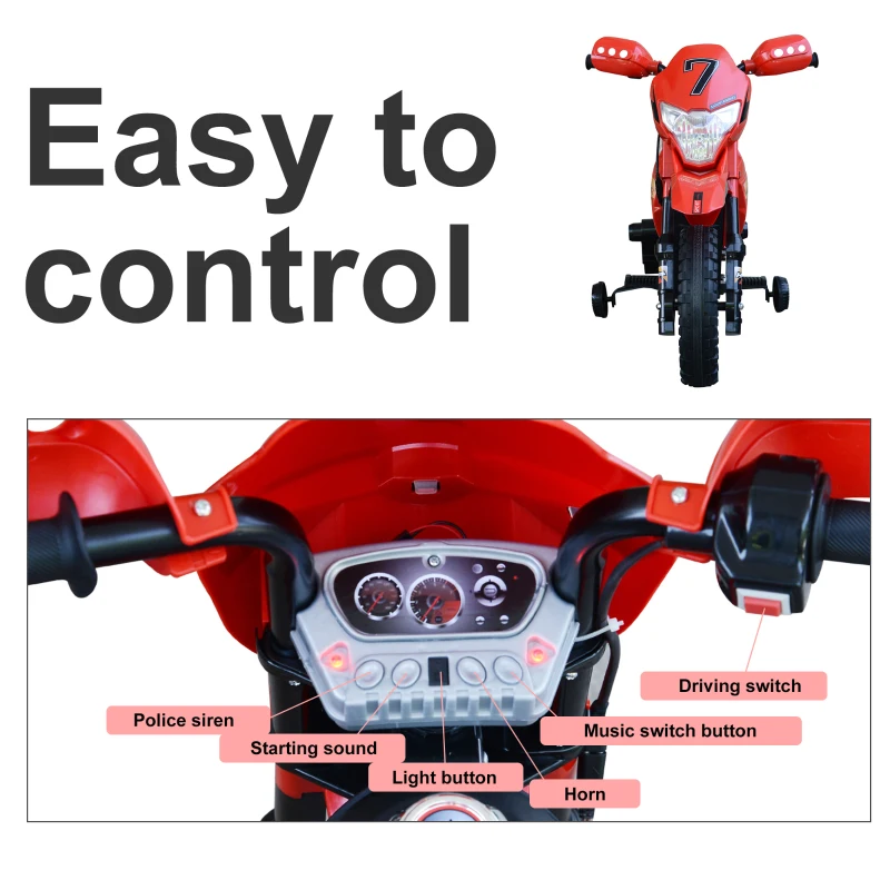 Aosom Kids Motorcycle Dirt Bike Electric Battery-Powered Ride-On Toy Off-road Street Bike with Charging 6V Battery, Real Driving Sounds, & Built-In Music, Red