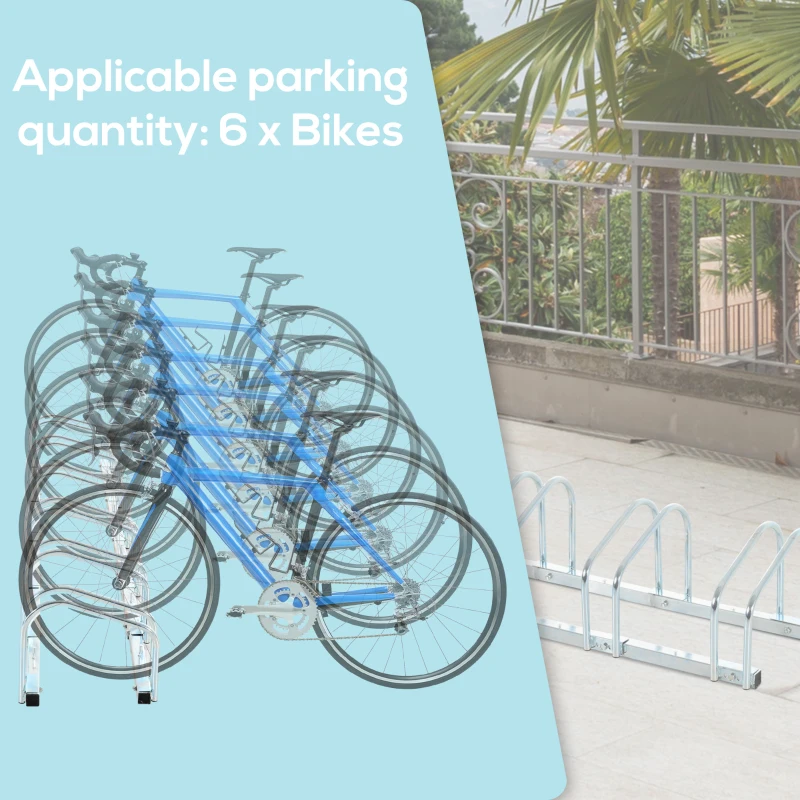 HOMCOM 6-Bike Bicycle Floor Parking Rack Cycling Storage Stand Ground Mount Garage Organizer for Indoor and Outdoor Use Silver