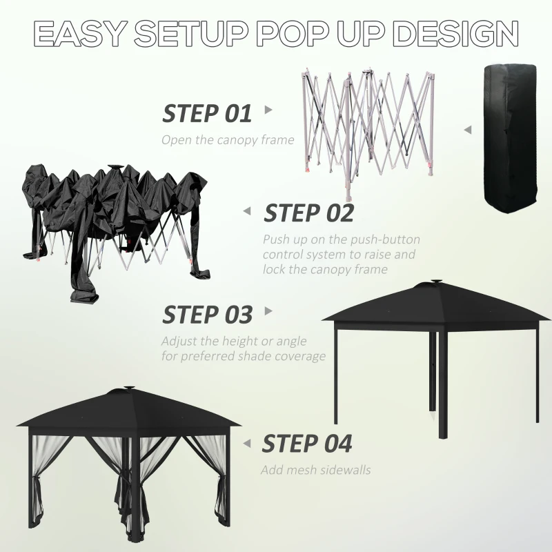 Outsunny 11' x 11' Pop Up Gazebo, Instant Canopy Tent with Solar LED Light, Remote Control, Netting and Carrying Bag for Backyard Garden Patio, Black