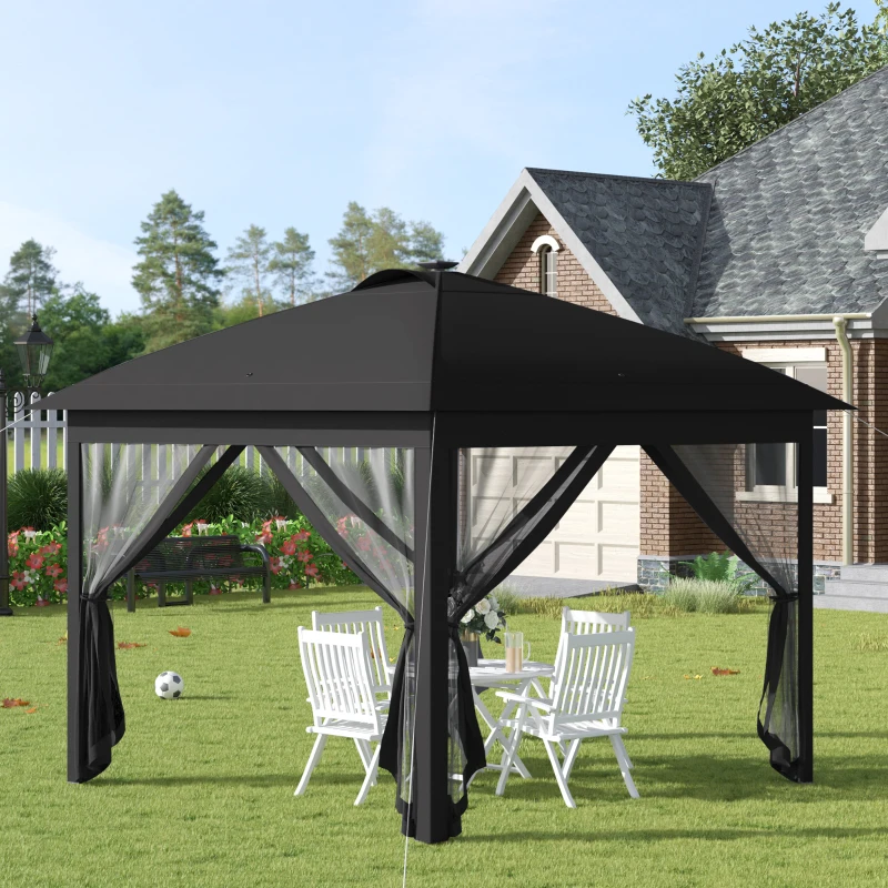 Outsunny 11' x 11' Pop Up Gazebo, Instant Canopy Tent with Solar LED Light, Remote Control, Netting and Carrying Bag for Backyard Garden Patio, Black